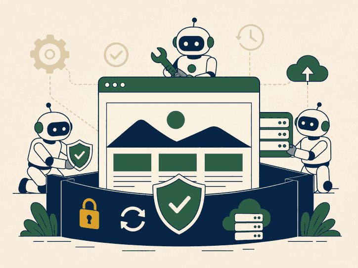robots maintaining a website. illustrating  wordpress hosting , security updates and maintenance care