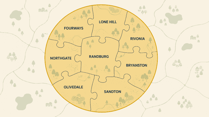 Map of the Northern Joburg suburbs Lekker Results works with — Sandton, Fourways, Randburg and surrounds