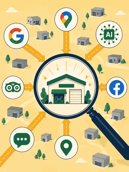illustration of online trust signals pointing to customer shop showing local online seo visibility in action